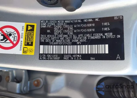 2015 Toyota Highlander Xle V6 from USA, damaged, VIN 5TDJKRFH5FS174202